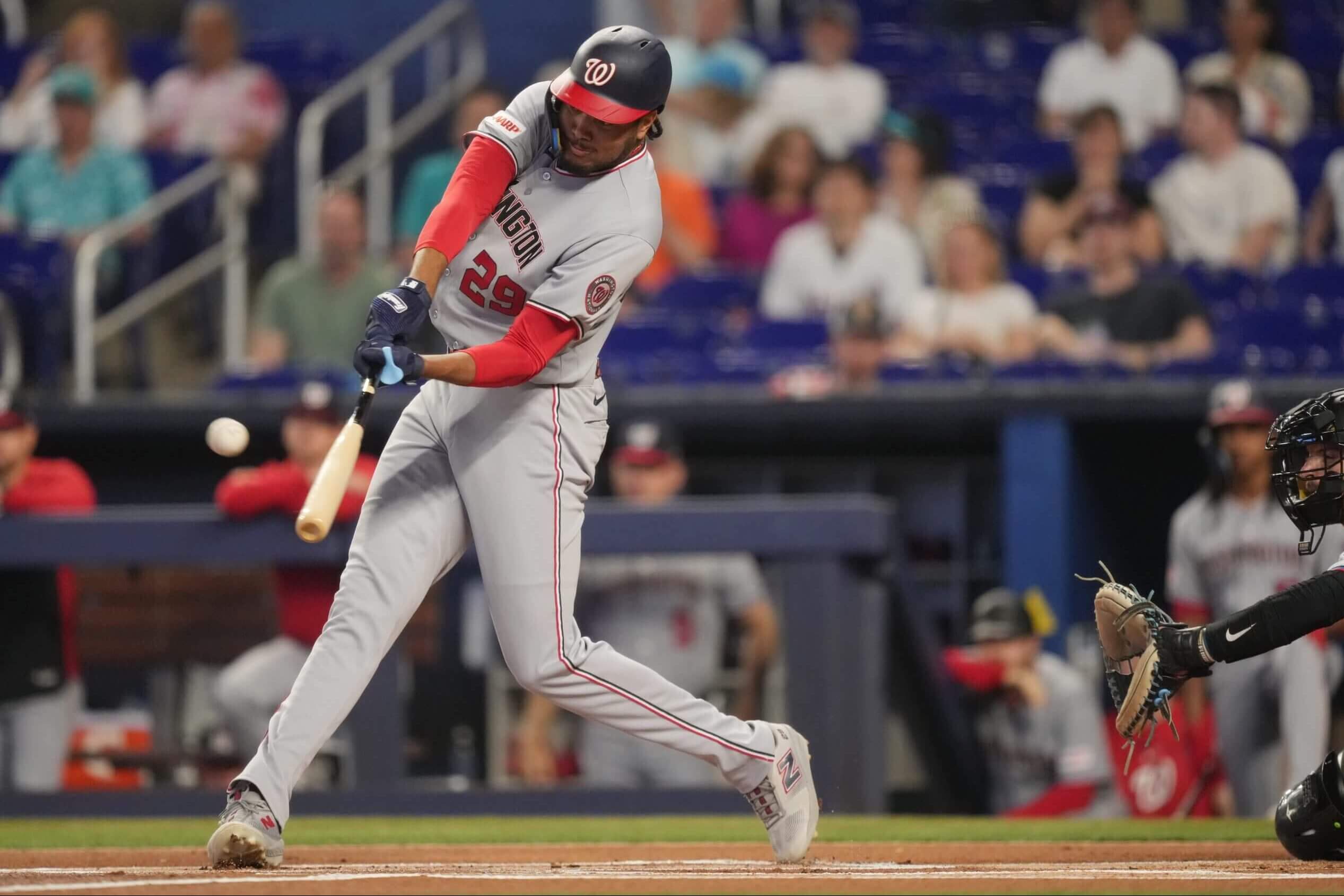 Nationals right fielder James Wood hits a home run against the Marlins in Miami on May 9, 2026.