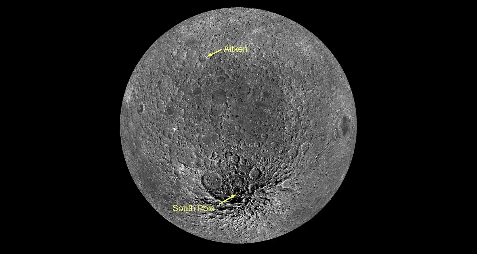 The moon against a dark background. The south pole is pointed out.