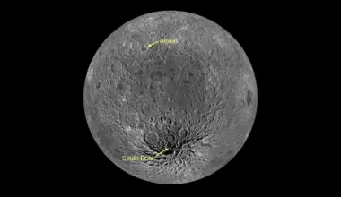 The moon against a dark background. The south pole is pointed out.