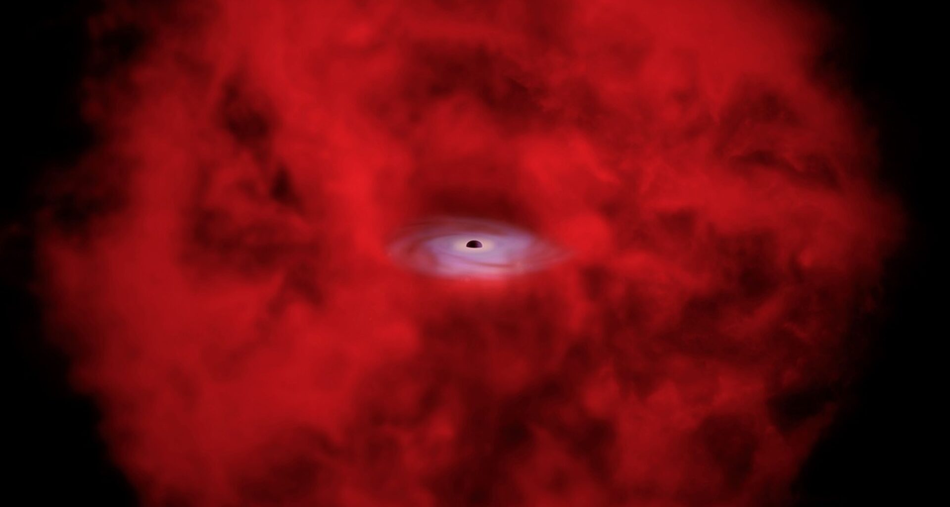 An artist's illustration of an X-ray dot. A growing supermassive black hole is at the center of a large, patchy sphere of red gas.