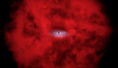 An artist's illustration of an X-ray dot. A growing supermassive black hole is at the center of a large, patchy sphere of red gas.