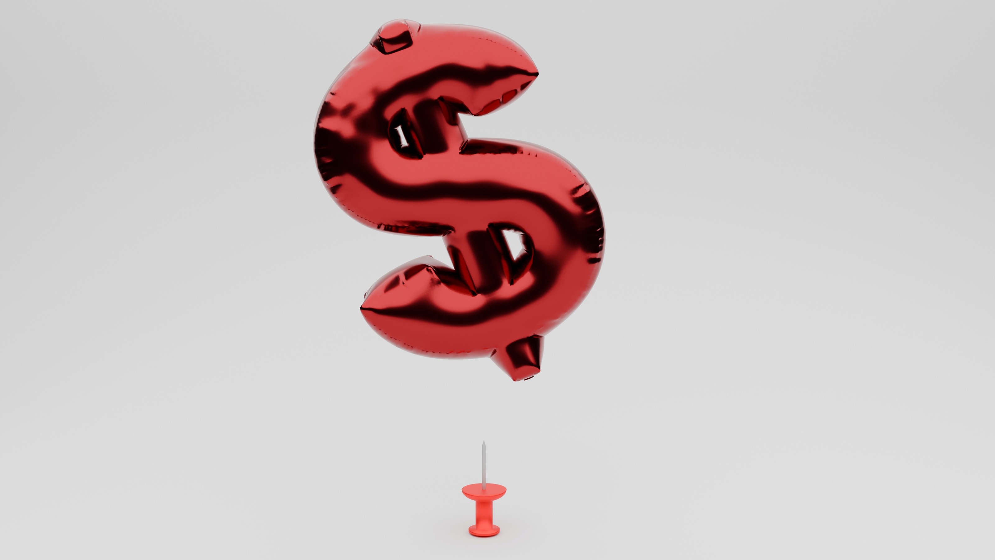 A red balloon dollar sign hovers above a red tack.