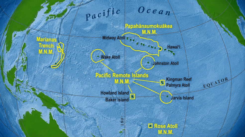 The highlighted areas show portions of the Pacific Remote Islands Marine National Monument where President Donald Trump's proclamation reopened waters to U.S. commercial fishing. (Courtesy: US Fish and Wildlife Service)