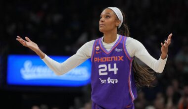 May 15, 2026; Phoenix, Arizona, USA; Phoenix Mercury forward DeWanna Bonner (24) reacts after getting called for a foul against the Chicago Sky in the first half at Mortgage Matchup Center. Mandatory Credit: Rick Scuteri-Imagn Images
