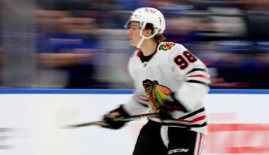 Dec 12, 2024; Elmont, New York, USA; Chicago Blackhawks center Connor Bedard (98) skates against the New York Islanders during the third period at UBS Arena. Mandatory Credit: Brad Penner-Imagn Images