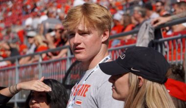Oct 5, 2024; Columbus, OH, USA; Class of 2027 Huntington Beach, California, quarterback Brady Edmunds visits the field ahead of Ohio State's 35-7 win over the Iowa Hawkeyes after the NCAA football game at Ohio Stadium.