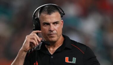 Oct 7, 2023; Miami Gardens, Florida, USA; Miami Hurricanes head coach Mario Cristobal walks on the field in the second half against the Georgia Tech Yellow Jackets at Hard Rock Stadium. Mandatory Credit: Jasen Vinlove-Imagn Images