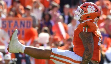 Clemson Tigers defensive tackle Peter Woods (11) celebrates after sacking Duke Blue Devils quarterback Darian Mensah (10) Saturday, Nov. 1, 2025, during the NCAA football game at Memorial Stadium in Clemson, South Carolina.