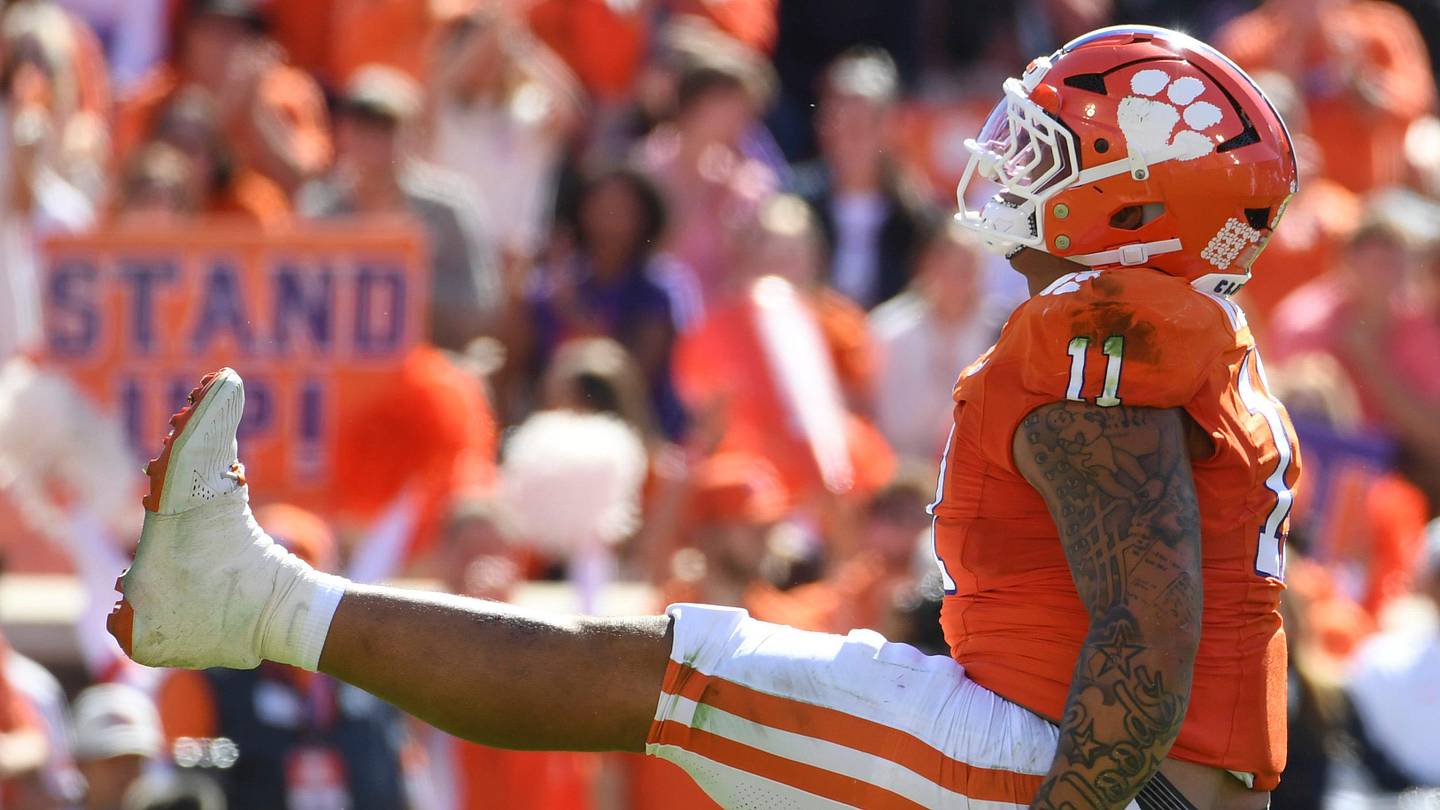 Clemson Tigers defensive tackle Peter Woods (11) celebrates after sacking Duke Blue Devils quarterback Darian Mensah (10) Saturday, Nov. 1, 2025, during the NCAA football game at Memorial Stadium in Clemson, South Carolina.