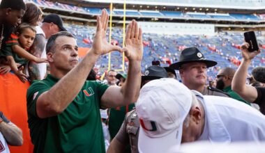 Aug 31, 2024; Gainesville, Florida, USA; Miami Hurricanes head coach Mario Cristobal gestures after a game against the Florida Gators at Ben Hill Griffin Stadium. Mandatory Credit: Matt Pendleton-Imagn Images