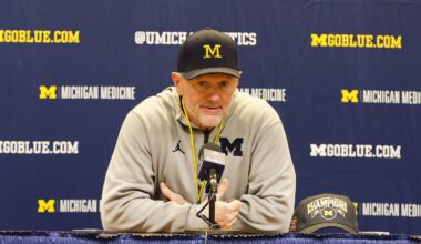 Apr 18, 2026; Ann Arbor, MI, USA; Michigan Wolverines head coach Kyle Whittingham gives remarks following the spring game at Michigan Stadium. Mandatory Credit: Brian Bradshaw Sevald-Imagn Images