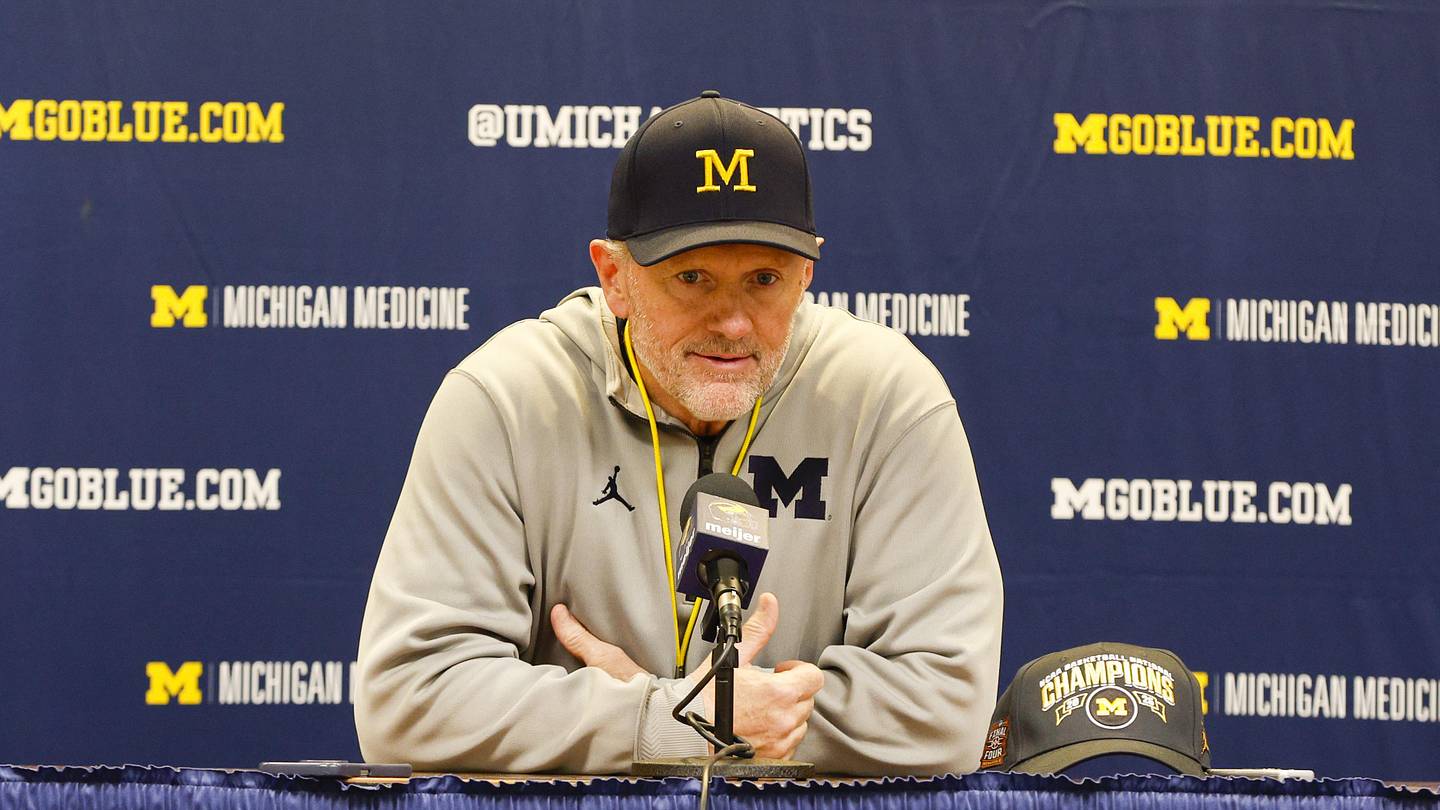 Apr 18, 2026; Ann Arbor, MI, USA; Michigan Wolverines head coach Kyle Whittingham gives remarks following the spring game at Michigan Stadium. Mandatory Credit: Brian Bradshaw Sevald-Imagn Images