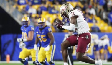 Nov 4, 2023; Pittsburgh, Pennsylvania, USA;  Florida State Seminoles defensive back Conrad Hussey (12) reacts after intercepting a pass against the Pittsburgh Panthers during the fourth quarter at Acrisure Stadium. The Seminoles won 24-7. Mandatory Credit: Charles LeClaire-Imagn Images