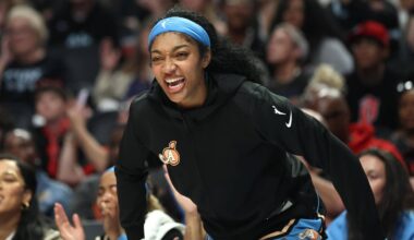May 29, 2026; Portland, Oregon, USA;  Atlanta Dream forward Angel Reese (5) reacts after a teammate scores during the second half against the Portland Fire at Moda Center. Mandatory Credit: Jaime Valdez-Imagn Images