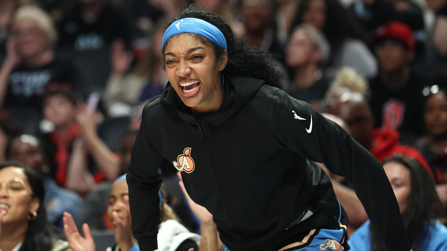 May 29, 2026; Portland, Oregon, USA;  Atlanta Dream forward Angel Reese (5) reacts after a teammate scores during the second half against the Portland Fire at Moda Center. Mandatory Credit: Jaime Valdez-Imagn Images