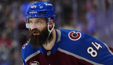 May 22, 2026; Denver, Colorado, USA; Colorado Avalanche defenseman Brent Burns (84) looks on during the second period against the Vegas Golden Knights in game two of the Western Conference Final of the 2026 Stanley Cup Playoffs at Ball Arena. Mandatory Credit: Ron Chenoy-Imagn Images