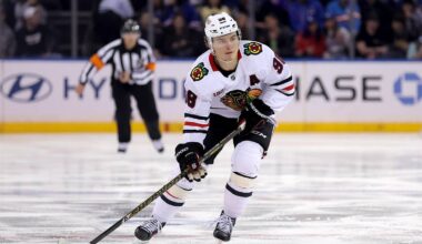 Mar 27, 2026; New York, New York, USA; Chicago Blackhawks center Connor Bedard (98) skates with the puck against the New York Rangers during the third period at Madison Square Garden. Mandatory Credit: Brad Penner-Imagn Images