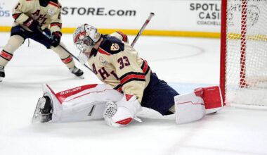 Grand Rapids goaltender Sebastian Cossa (33) defends during the second night of the AHL All-Star Challenge at Acrisure Arena in Palm Desert, Calif., on Monday, Feb. 3, 2025.