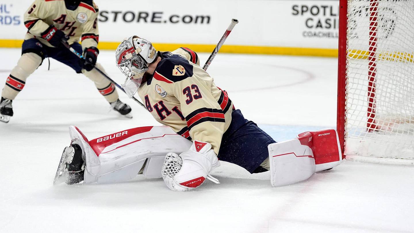 Grand Rapids goaltender Sebastian Cossa (33) defends during the second night of the AHL All-Star Challenge at Acrisure Arena in Palm Desert, Calif., on Monday, Feb. 3, 2025.