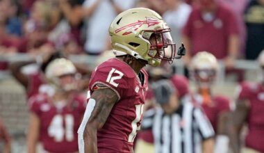 Oct 7, 2023; Tallahassee, Florida, USA; Florida State Seminoles defensive back Conrad Hussey (12) celebrates after a tackle against Virginia Tech Hokies running back Bhayshul Tuten (not pictured) during the second half against the at Doak S. Campbell Stadium. Mandatory Credit: Melina Myers-Imagn Images