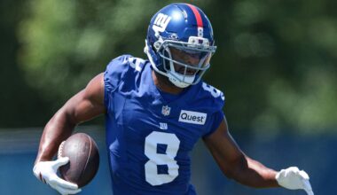 Jun 3, 2026; East Rutherford, NJ, USA;  New York Giants wide receiver  JuJu Smith-Schuster (8) participates in drills during organized team activities at Quest Diagnostics Training Center. Mandatory Credit: Vincent Carchietta-Imagn Images