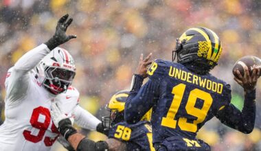 Michigan quarterback Bryce Underwood (19) makes a pass against Ohio State during the second half at Michigan Stadium in Ann Arbor on Saturday, Nov. 29, 2025.