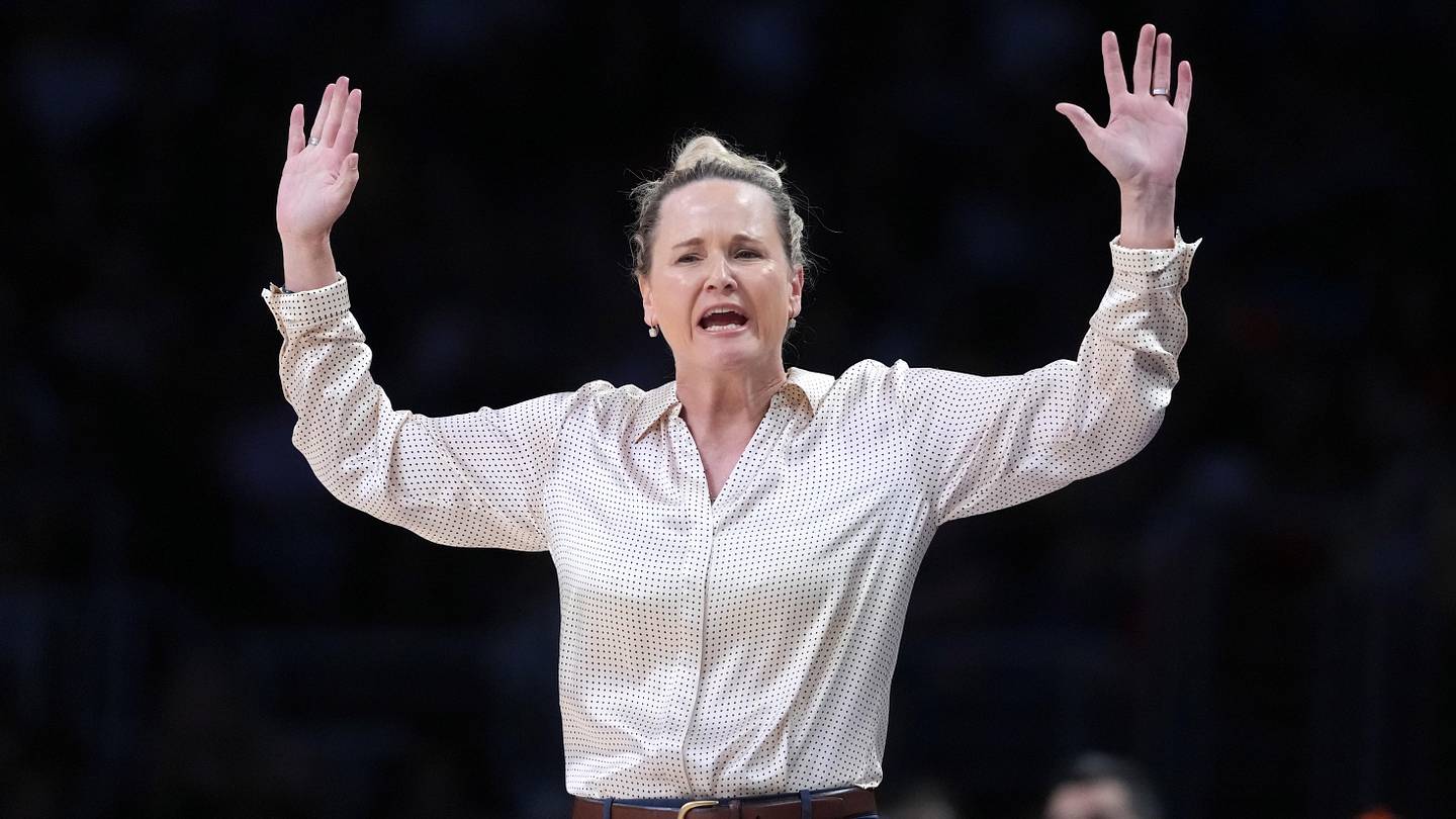 Jun 5, 2026; Los Angeles, California, USA; LA Sparks head coach Lynne Roberts reacts against the Dallas Wings in the second half at Crypto.com Arena. Mandatory Credit: Kirby Lee-Imagn Images