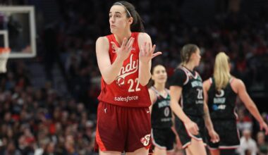 May 30, 2026; Portland, Oregon, USA;  Indiana Fever guard Caitlin Clark (22) chats with a referee during the second half against the Portland Fire at Moda Center. Mandatory Credit: Jaime Valdez-Imagn Images