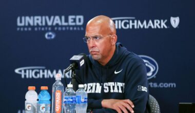 Oct 11, 2025; University Park, Pennsylvania, USA; Penn State Nittany Lions head coach James Franklin answers questions from the media following the game against the Northwestern Wildcats at Beaver Stadium. Mandatory Credit: Matthew O'Haren-Imagn Images