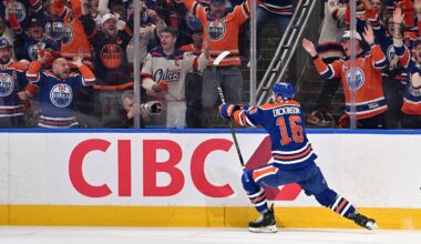 Apr 20, 2026; Edmonton, Alberta, CAN; Edmonton Oilers center Jason Dickinson (16) celebrates a goal on the Anaheim Ducks in game one of the first round of the 2026 Stanley Cup Playoffs during the first period at Rogers Place. Mandatory Credit: Walter Tychnowicz-Imagn Images