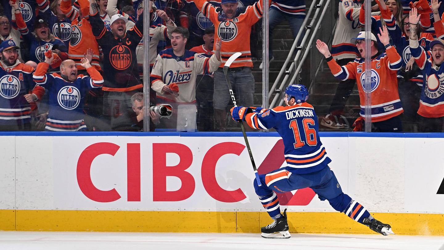 Apr 20, 2026; Edmonton, Alberta, CAN; Edmonton Oilers center Jason Dickinson (16) celebrates a goal on the Anaheim Ducks in game one of the first round of the 2026 Stanley Cup Playoffs during the first period at Rogers Place. Mandatory Credit: Walter Tychnowicz-Imagn Images