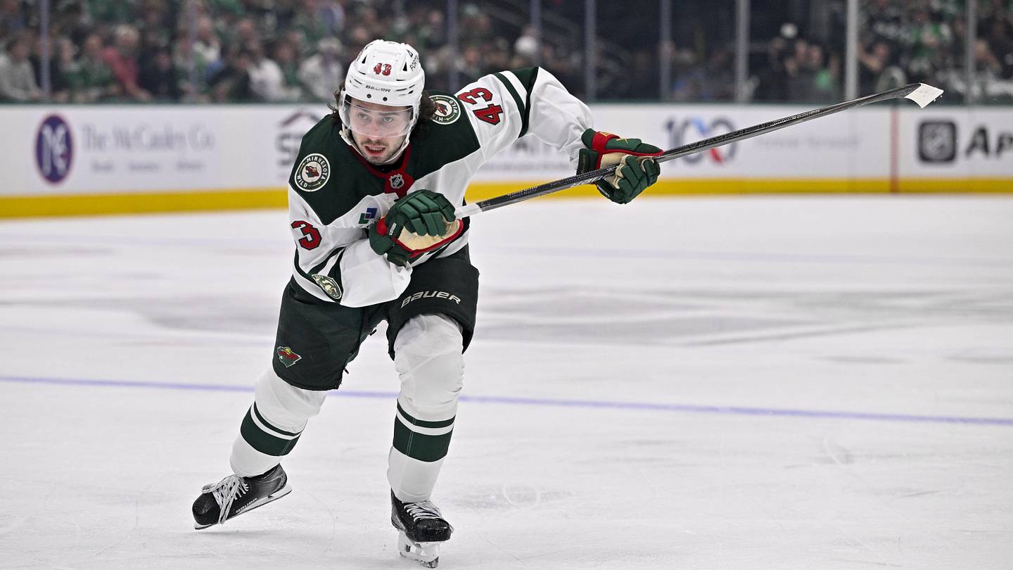 Minnesota Wild defenseman Quinn Hughes (43) skates against the Dallas Stars in the first round of the 2026 Stanley Cup Playoffs: Jerome Miron-Imagn Images