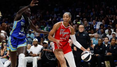 Jun 15, 2026; Arlington, Texas, USA; Las Vegas Aces center A'ja Wilson (22) controls the ball as Dallas Wings forward Awak Kuier (34) defends during the first half at College Park Center. Mandatory Credit: Chris Jones-Imagn Images