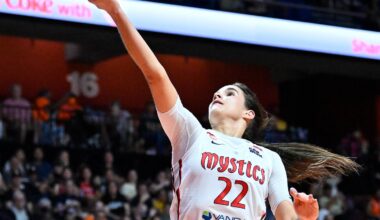 Jun 17, 2026; Uncasville, Connecticut, USA; Washington Mystics guard Sonia Citron (22) shoots a layup against the Connecticut Sun during the first half at Mohegan Sun Arena. Mandatory Credit: Eric Canha-Imagn Images