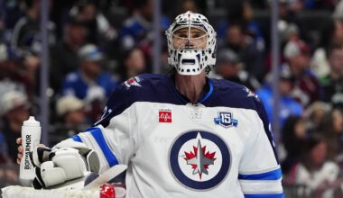 Mar 28, 2026; Denver, Colorado, USA; Winnipeg Jets goaltender Connor Hellebuyck (37) during the second period against the Colorado Avalanche at Ball Arena. Mandatory Credit: Ron Chenoy-Imagn Images