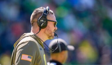 Oregon head coach Dan Lanning looks on during the Oregon Ducks annual spring game on April 25, 2026 at Autzen Stadium in Eugene, Oregon.