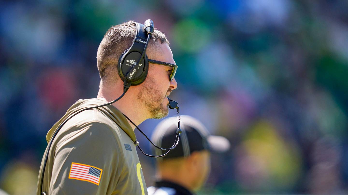 Oregon head coach Dan Lanning looks on during the Oregon Ducks annual spring game on April 25, 2026 at Autzen Stadium in Eugene, Oregon.