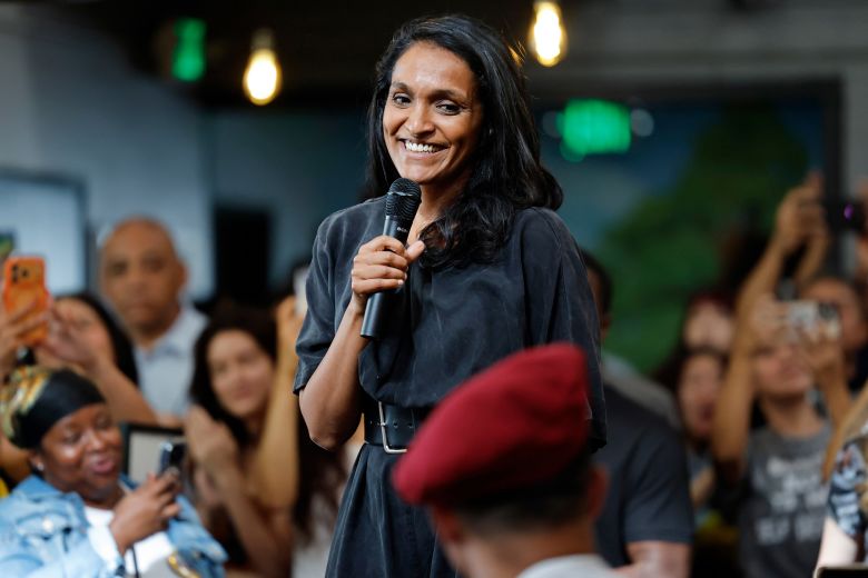 Nithya Raman speaks at a campaign celebration marking her advance into the general election, in North Hollywood, California on June 13.