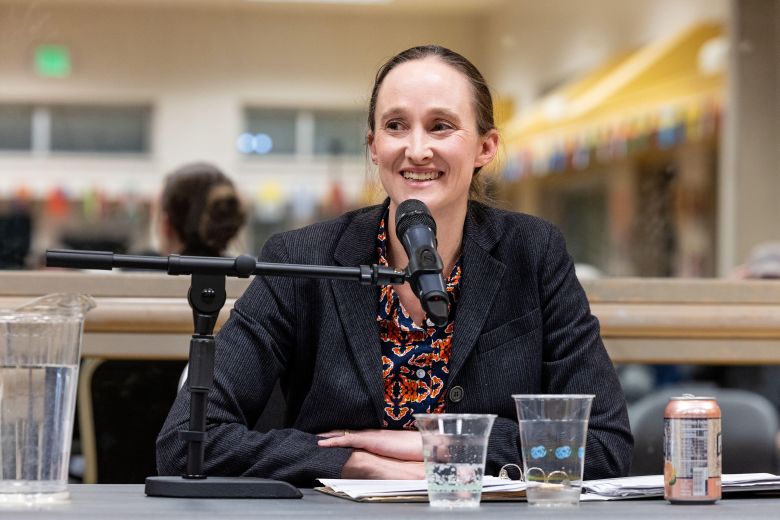Then-candidate Katie Wilson speaks during a climate forum in Seattle, on October 16, 2025.