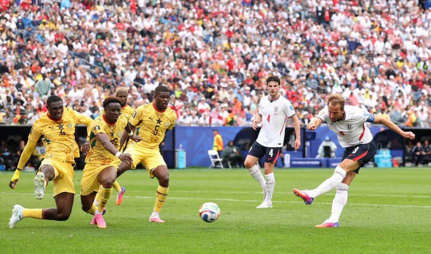 Harry Kane shoots at goal during the draw against Ghana last week.