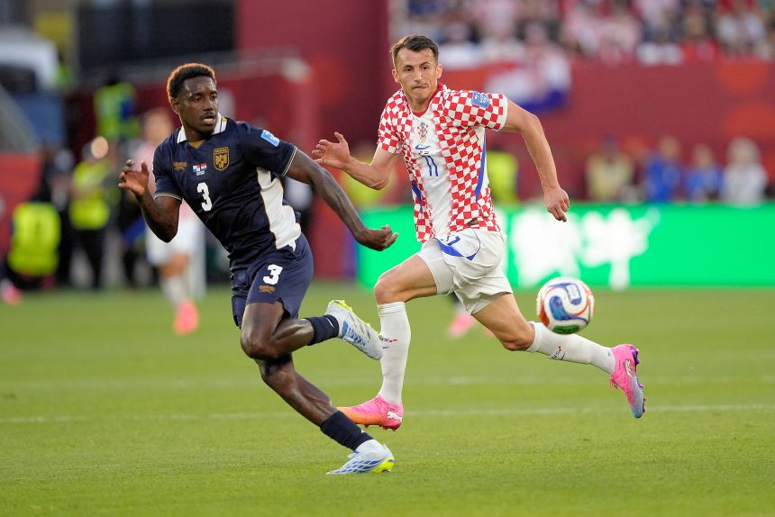 Croatia forward Ante Budimir chases after the ball during a Group L match in the 2026 FIFA World Cup at Toronto Stadium.