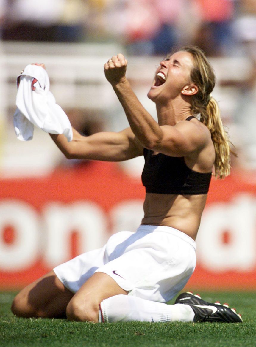 Brandi Chastain’s iconic celebration in the 1999 Women’s World Cup final. (Roberto Schmidt/AFP/Getty Images)