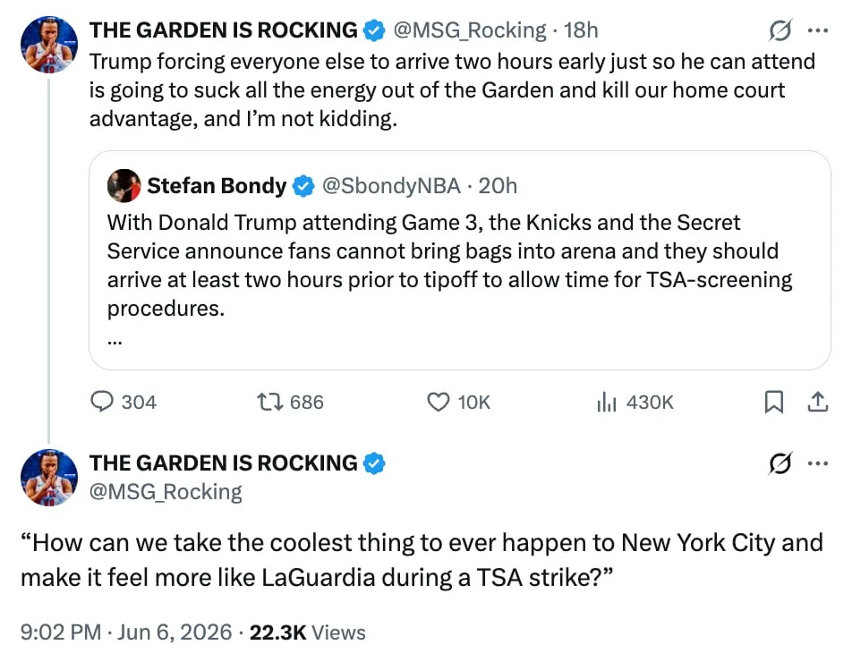Many are worried that Trump’s attendance will make entering the stadium a security nightmare, with sports commentator Stephen A. Smith saying, “It has everything to do with him disrupting and contributing at the same time to the chaos that’s going to be existing at Madison Square Garden.” / @MSG_Rocking/X