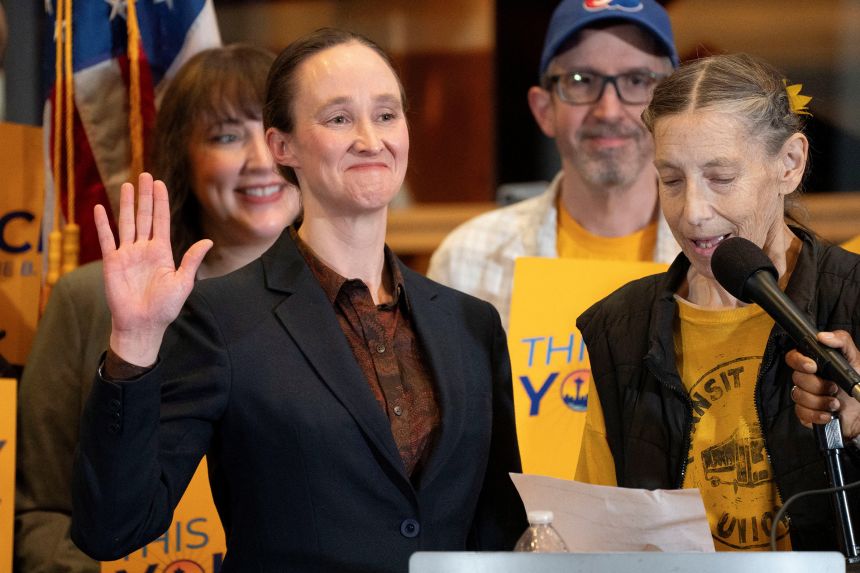 Katie Wilson takes the oath of office as she is sworn in as the mayor of Seattle, during a ceremony at City Hall on January 2.