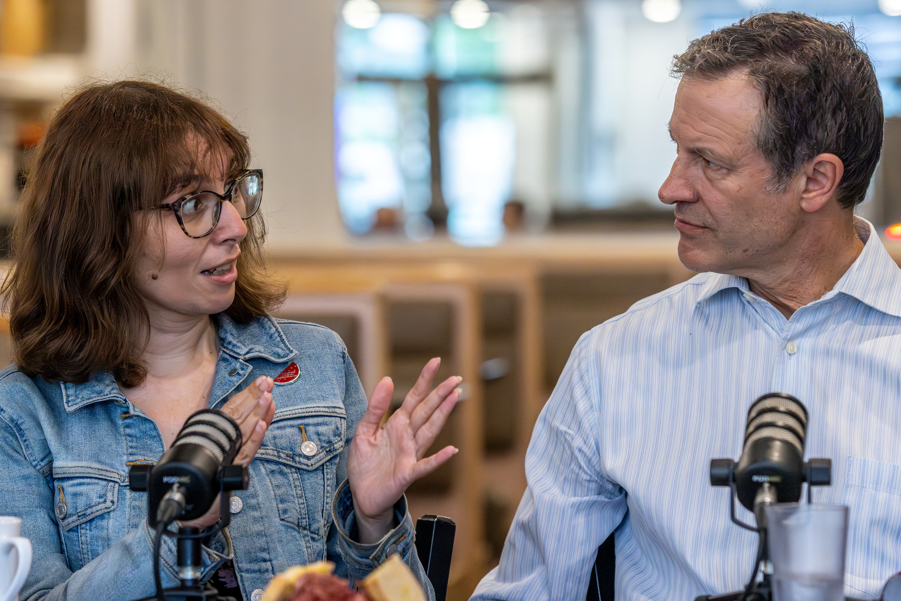 Aaron Rand and Bill Brownstein chat with Amy Darwish, housing advocate and James Hughes, President and CEO Old Brewery Mission on The Corner Booth at the Snowdon Deli in Montreal on Friday June 26, 2026. 