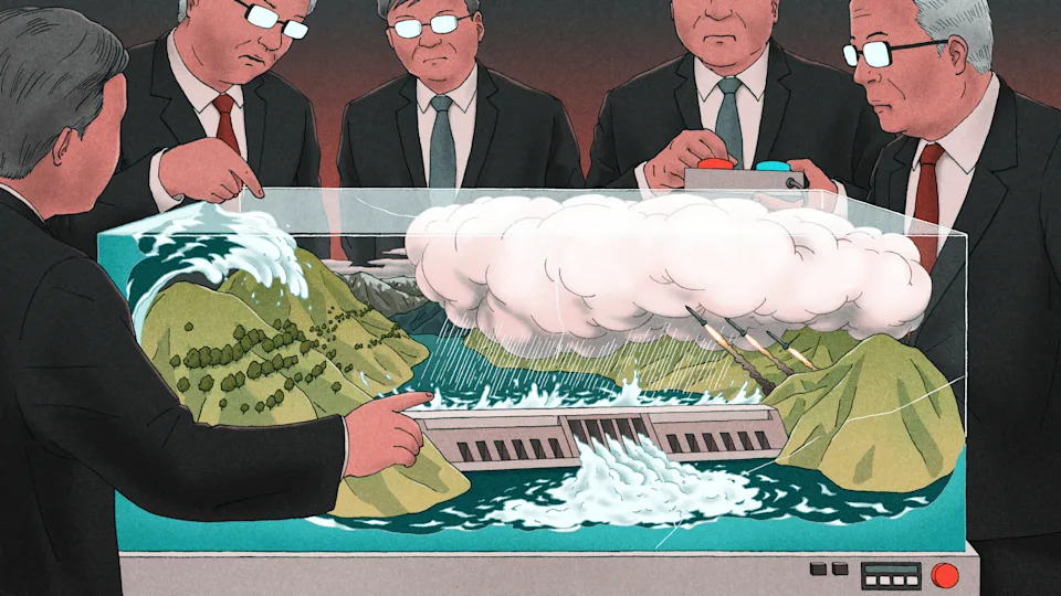An illustration showing Chinese politicians and scientists around a glass container filled with dams, clouds, hills and water
