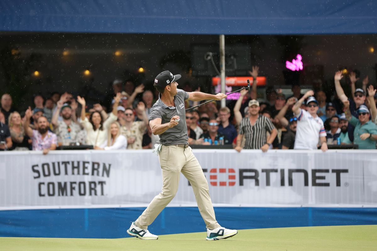 Joaquin Niemann of Chile throws his ball into the crowd on the 17th hole during day three of the 2023 Australian PGA Championship at Royal Queensland Golf Club on November 25, 2023 in Brisbane, Australia.