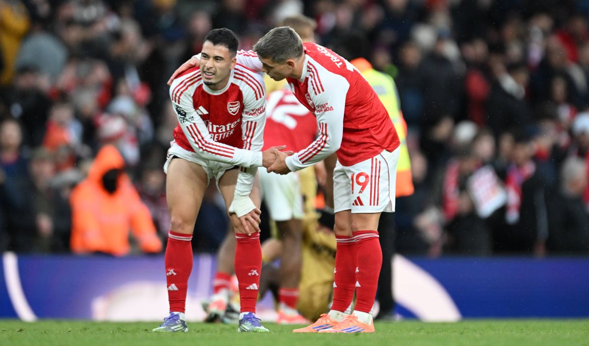 Gabriel Martinelli and Leandro Trossard of Arsenal after the Premier League match between Arsenal and Crystal Palace