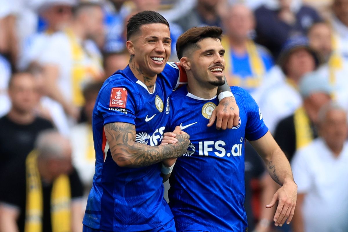 Enzo Fernandez and Pedro Neto of Chelsea celebrate 1st goal during the Emirates FA Cup Semi Final match between Chelsea and Leeds United on April 26, 2026 in London, England