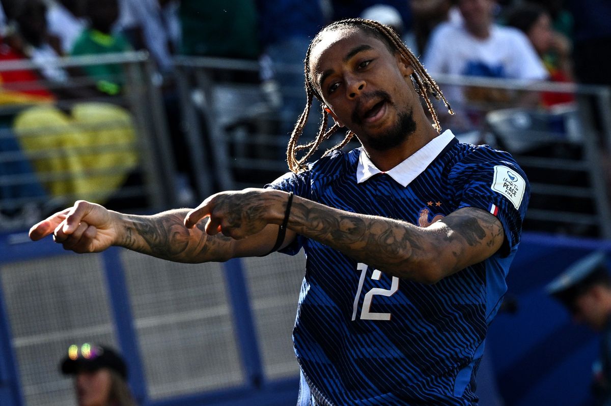 Bradley Barcola of France celebrates his goal during the FIFA World Cup 2026 Group I match between France and Senegal at New York New Jersey Stadium on June 16, 2026 in East Rutherford, New Jersey.